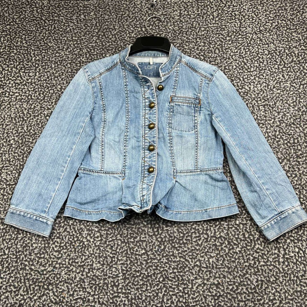 Ann Taylor LOFT Jean Jacket Women 2 Blue Denim Peplum Long Sleeve
